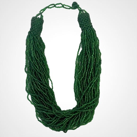 Vintage Kelly Green Multi String Beaded Twist Statement Necklace Y2K - Picture 1 of 12